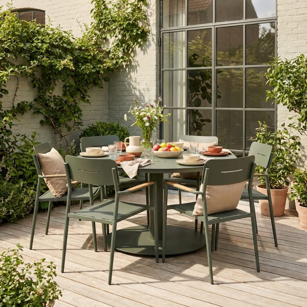 Table de jardin ronde aluminium + 6 assises kaki