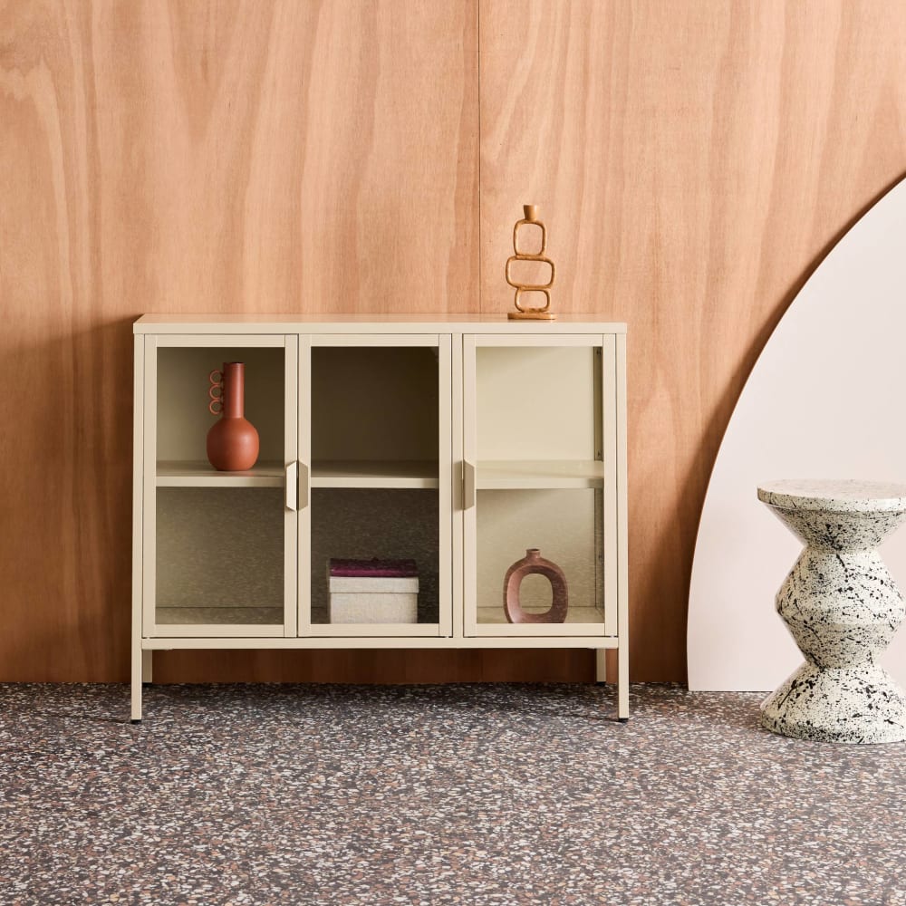 Buffet industriel métal et verre trempé 3 portes 100cm beige