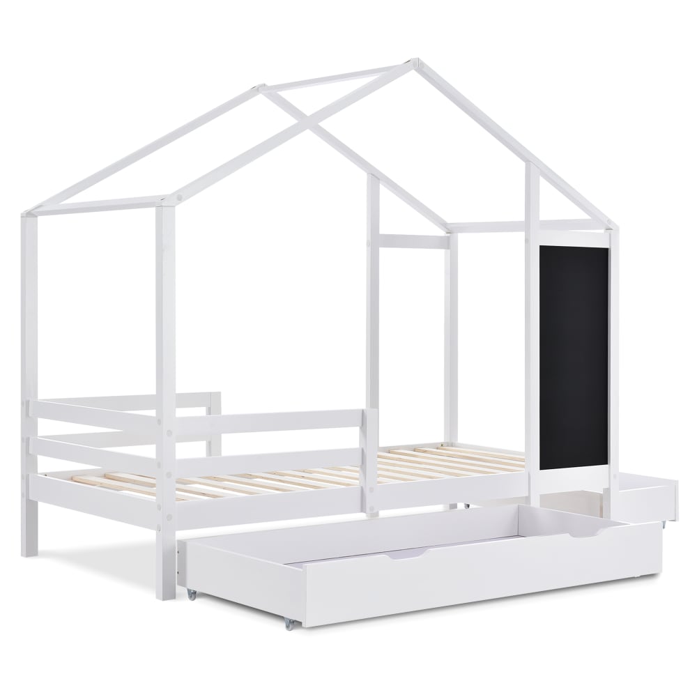 Lit enfant en forme de maison en pin blanc avec 2 tiroirs 90 x 200 cm