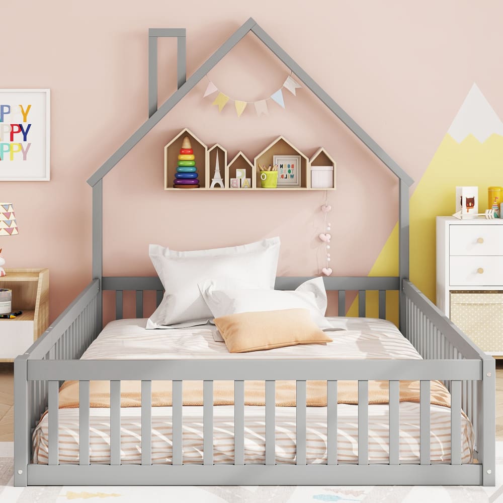 Kinderbett aus Kiefer mit Schornsteinform 140x190 cm, grau -