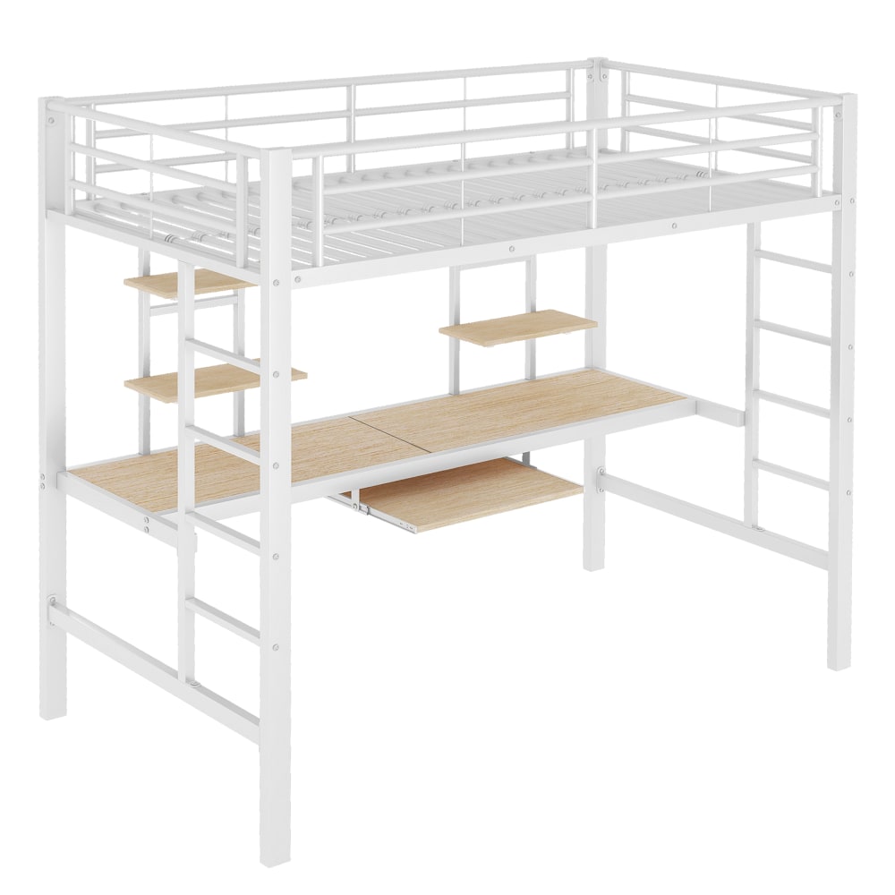 Hochbett aus Metall mit Schreibtisch und Regalen 90x200 cm, weiß