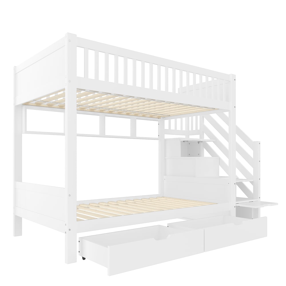Lit superposé 90 x 200 cm en pin blanc avec escalier de rangement