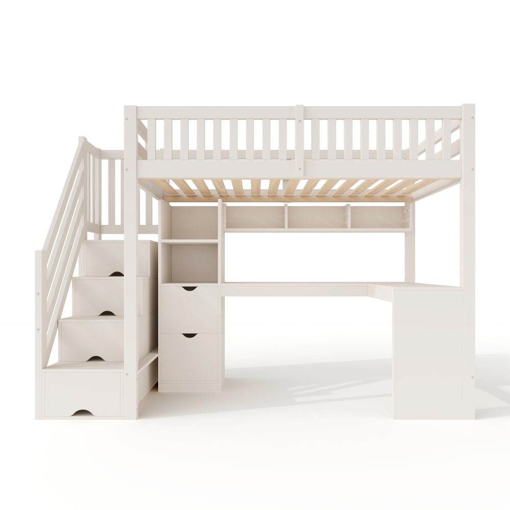 Lit mezzanine en bois blanc avec escalier et bureau 90 x 200 cm