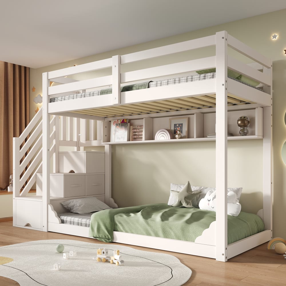 Lit superposé en bois blanc avec armoire escalier 90 x 200 cm