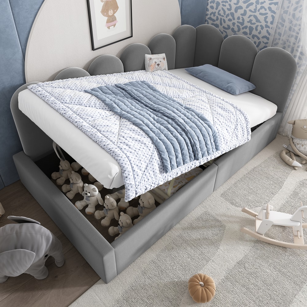 OKWISH Kinderbett 90x190 cm aus Samt mit hydraulischem Stauraum, grau style modern Samt Baby