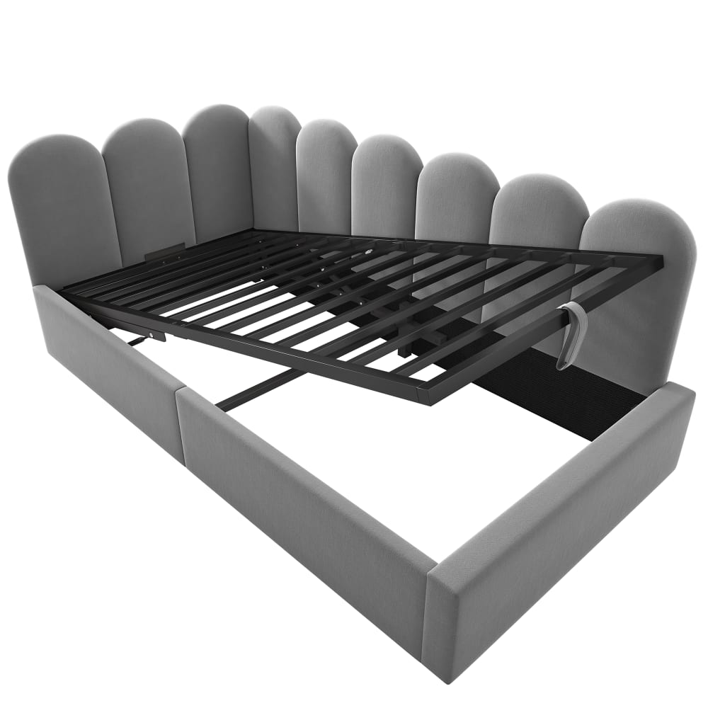 Lit enfant 90x190cm en velours gris avec rangement à vérin hydraulique Lit enfant 90x190cm en velours gris avec rangement à vérin hydraulique