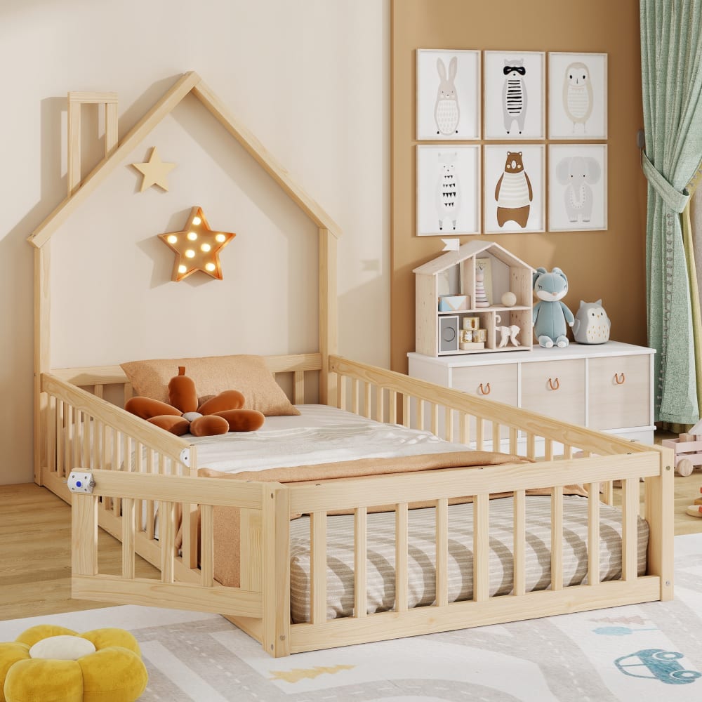 OKWISH Kinderbett aus Kiefer mit Bettgitter und Lattenrost 90x200 cm, braun Holz Baby