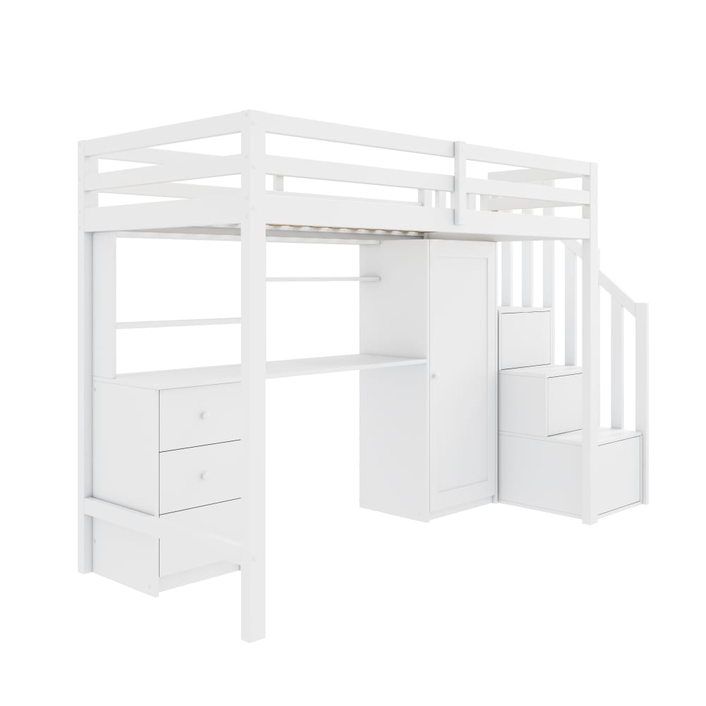 Lit superposé en bois massif blanc avec bureau et armoire 90 x 200 cm