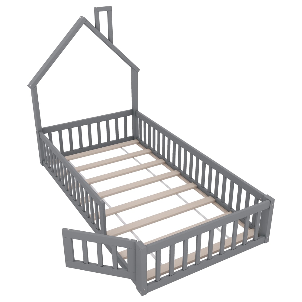 Lit enfant en forme de cheminée en pin gris avec barrières 90 x 200 cm