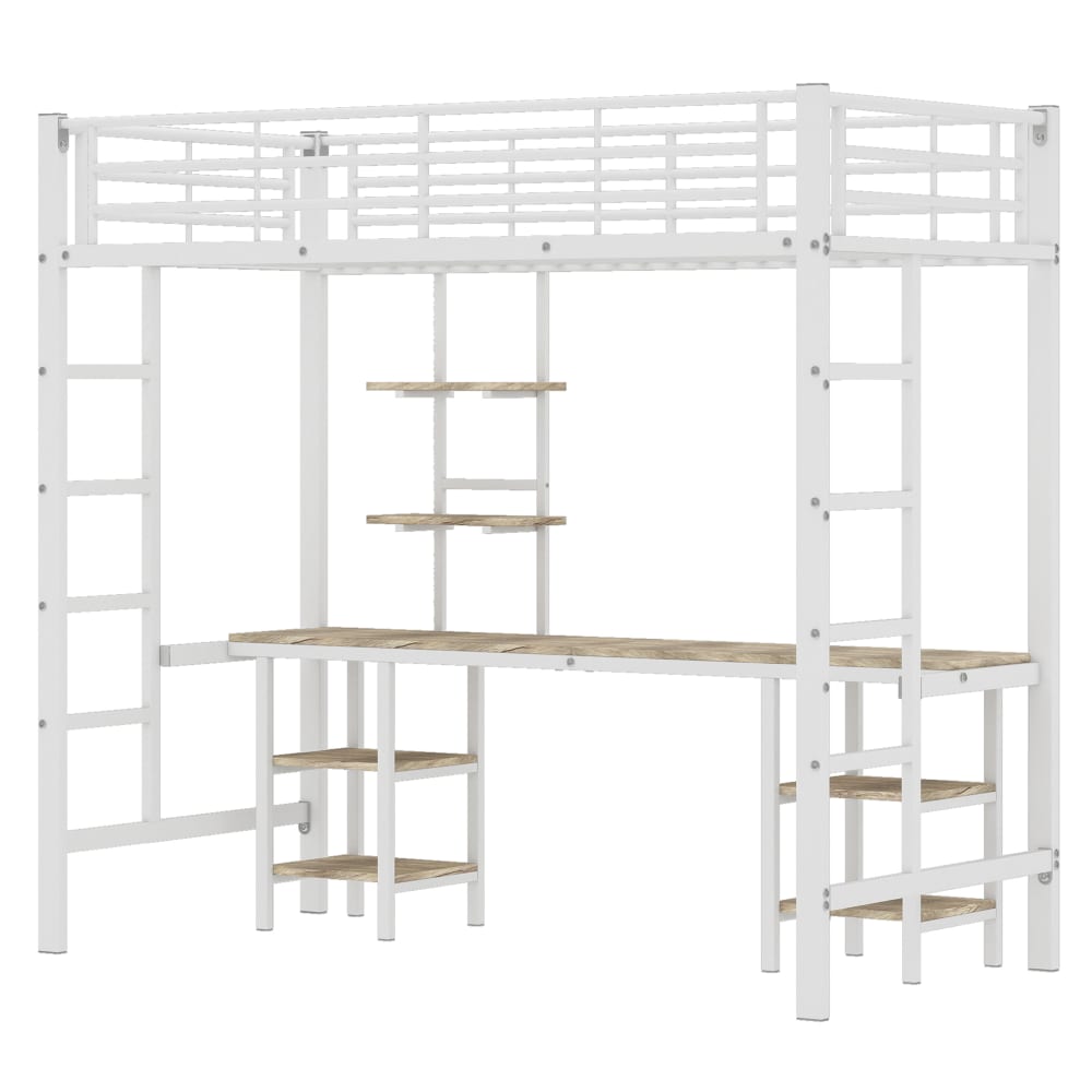 Lit mezzanine en métal blanc avec bureau et étagères 90 x 200 cm