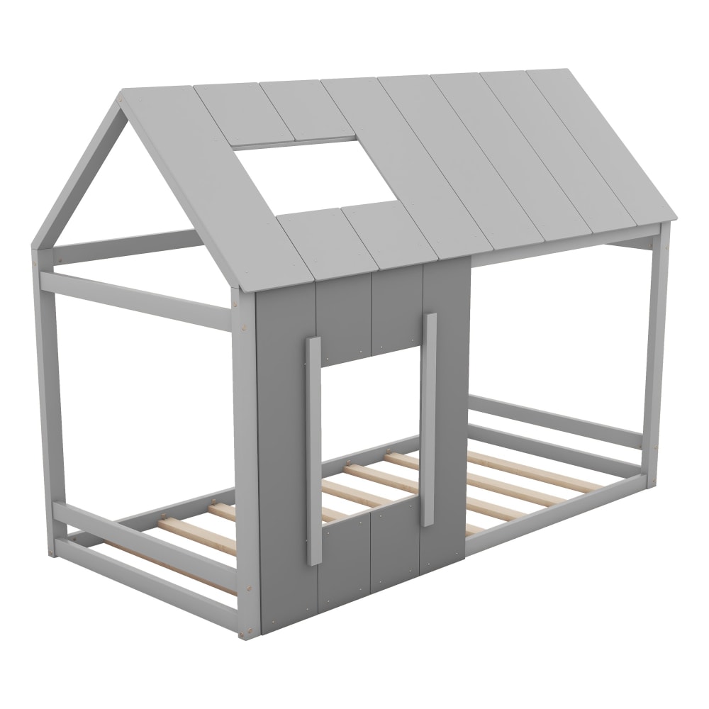 Lit enfant en forme de maison en pin gris avec toit 90 x 200 cm