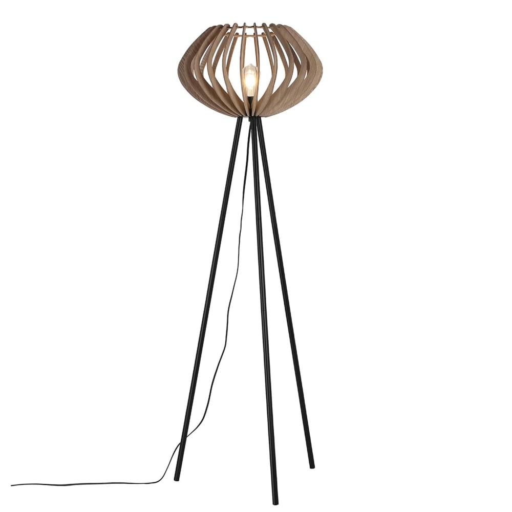 Lampadaire trépied en bois et métal noir H.152 cm