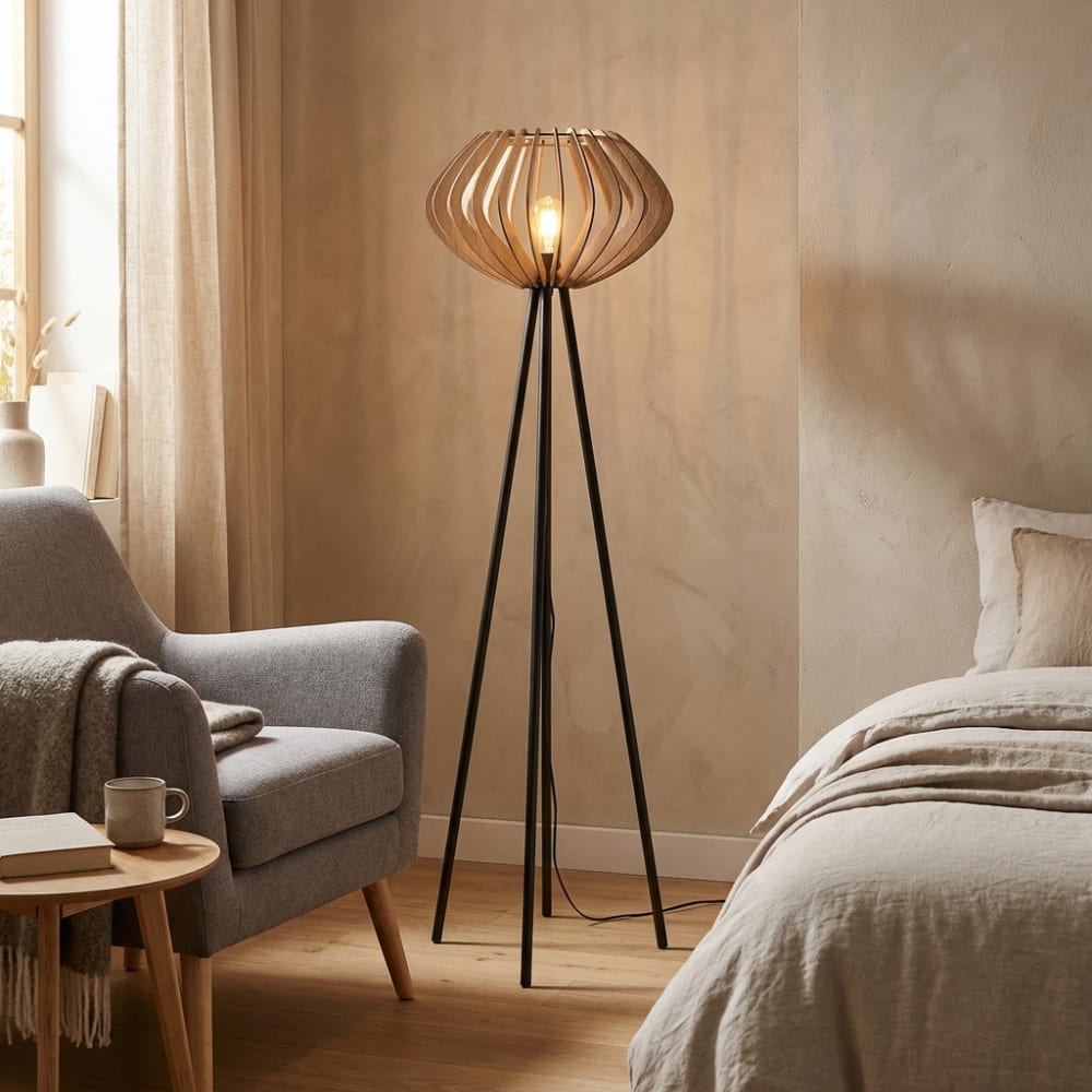 Lampadaire trépied en bois et métal noir H.152 cm — vue 4