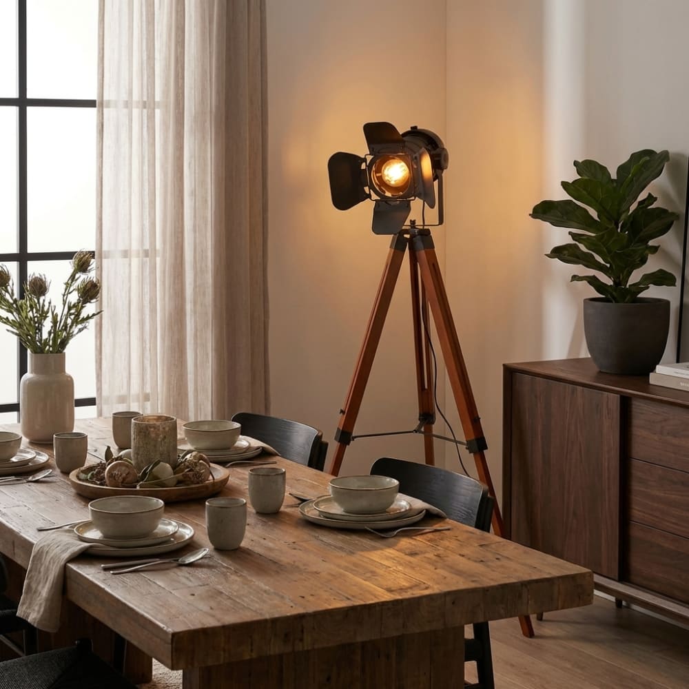 Lampadaire cinéma trépied en bois et métal noir H.140 cm — vue 4