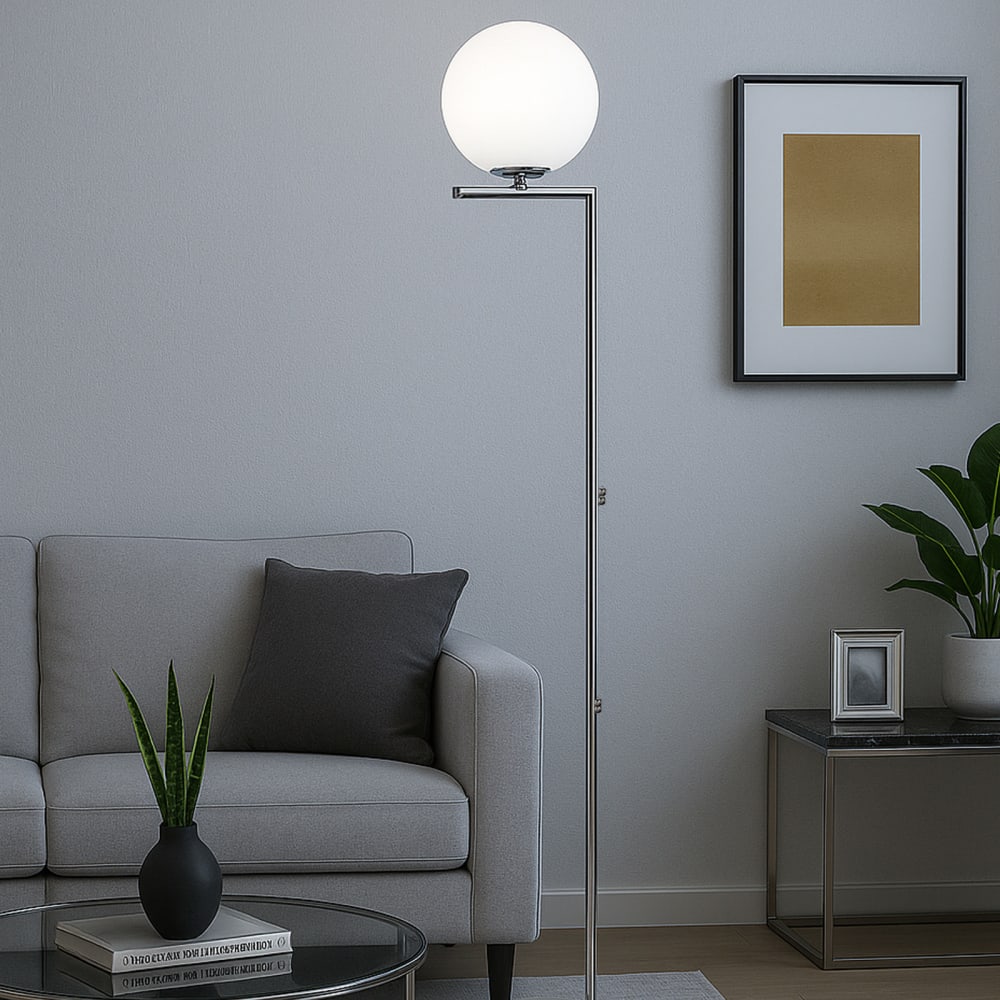 Lampadaire en verre blanc et métal chromé H.155 cm — vue 3
