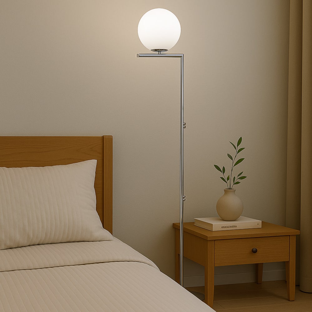 Lampadaire en verre blanc et métal chromé H.155 cm — vue 4