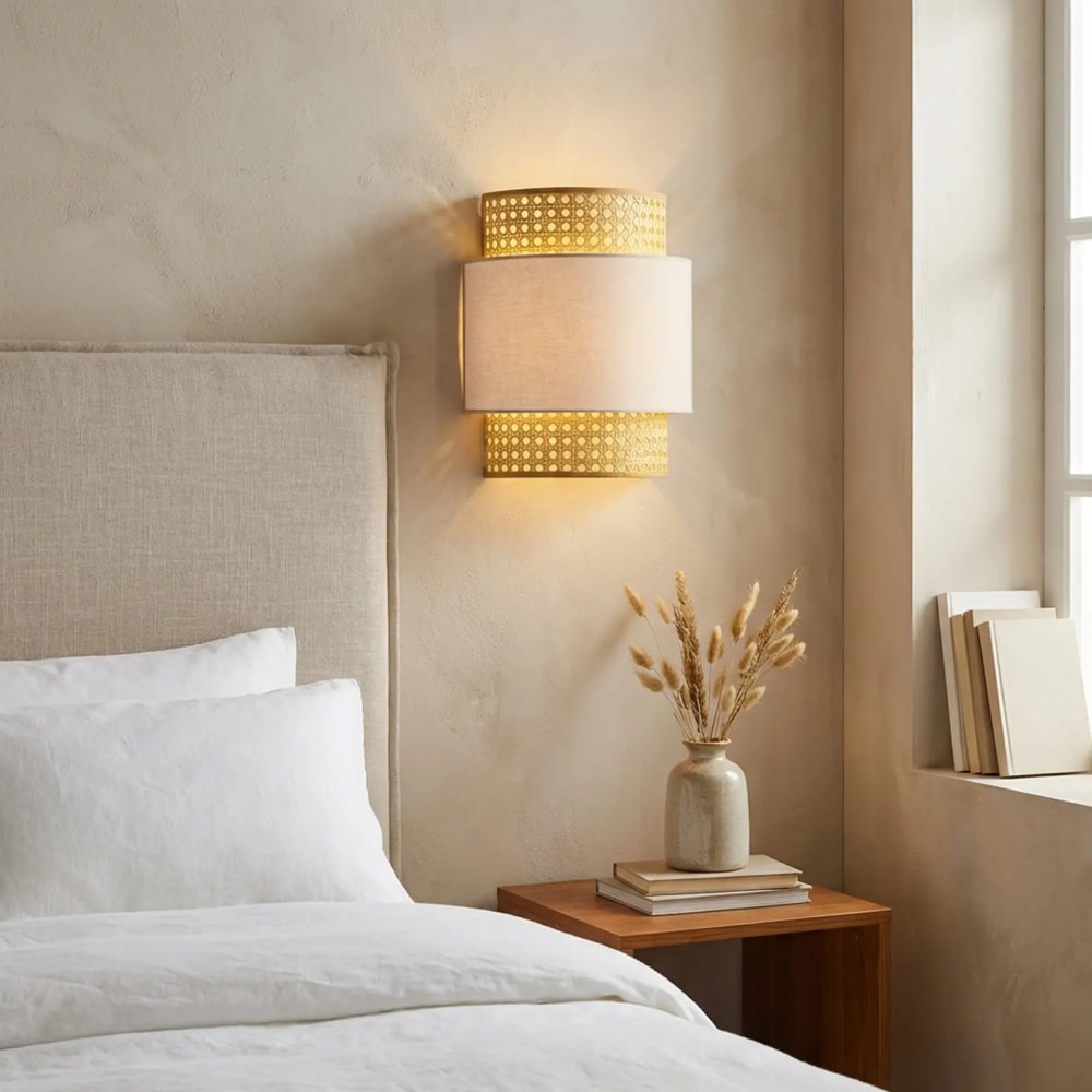 Applique murale en rotin naturel et tissu rose H28,5 cm - Maisons du Monde