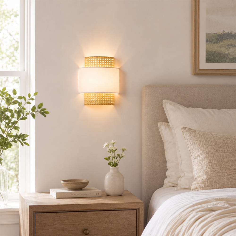 Wandleuchte aus Natur-Rattan und Stoff 28,5 cm, Rosa - Maisons Du