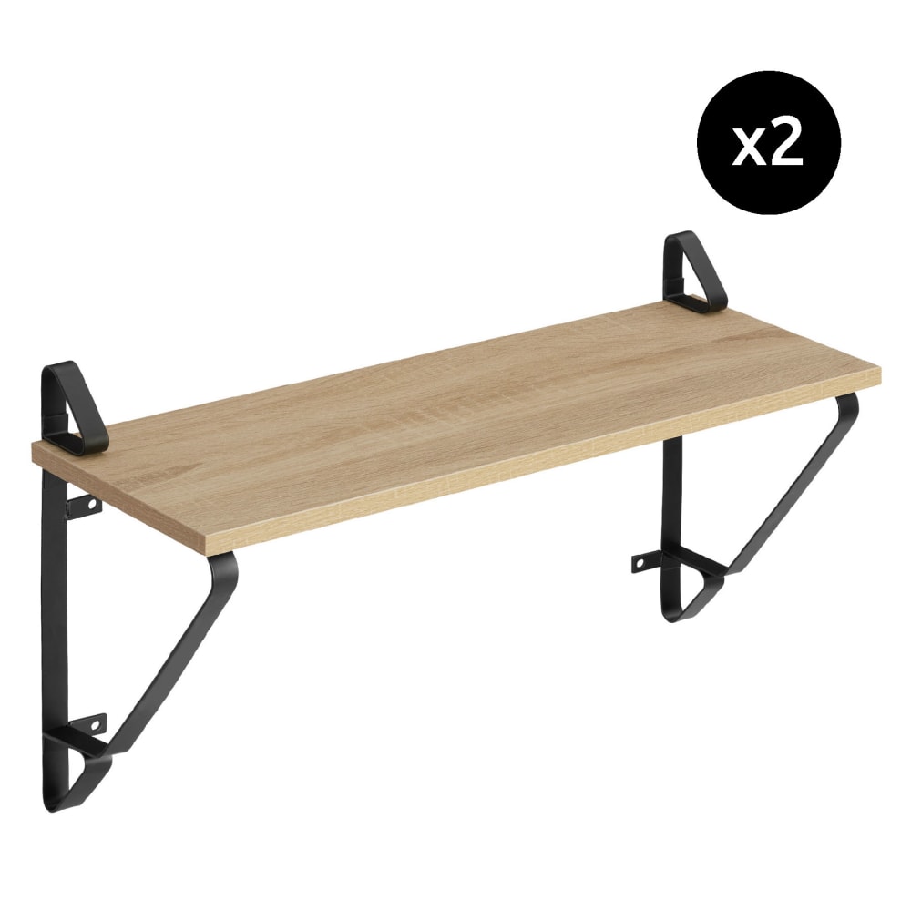 Lot de 2 étagères murales style industriel 15kg max. Bois clair