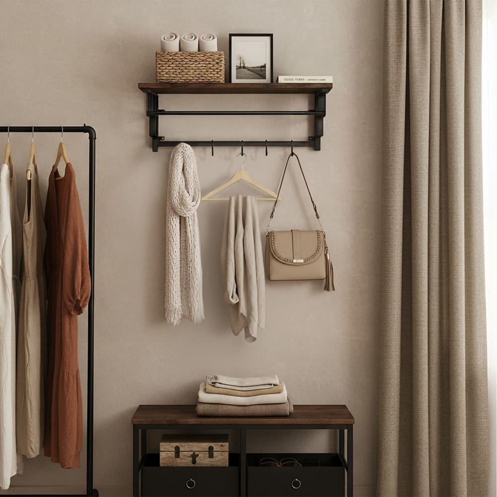 Porte-manteau style industriel en panneau de fibres bois foncé