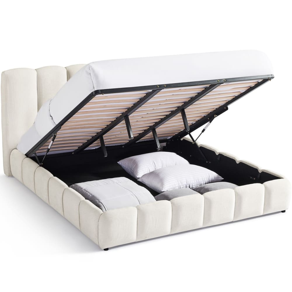 Lit coffre adulte 180x200 cm avec tête de lit en tissu chenille beige