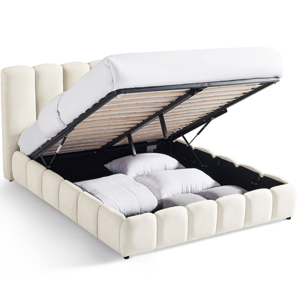 Lit coffre adulte 160x200 cm avec tête de lit en tissu chenille beige