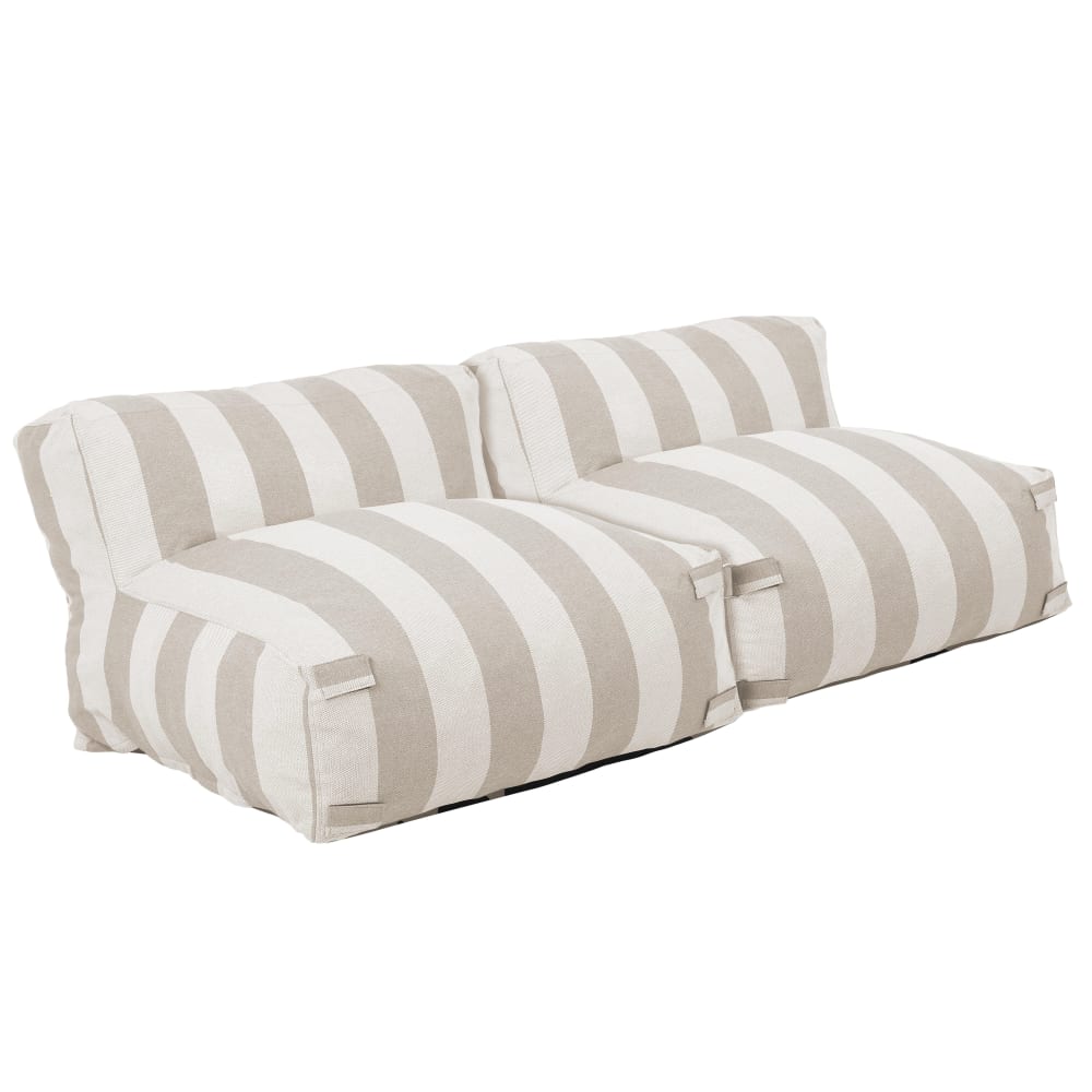 Salon de jardin modulable avec 2 chauffeuses rayées sable