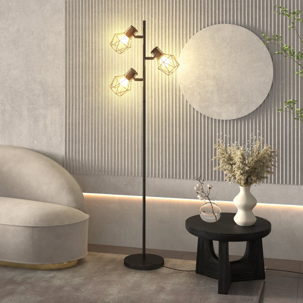 Lampadaire sur pied 3 lumières interrupteur individuel e27 noir — vue 4