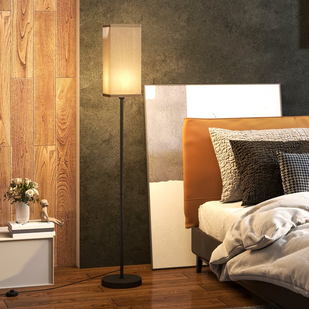 Lampadaire sur pied salon interrupteur à pied effet lin noir et beige — vue 3