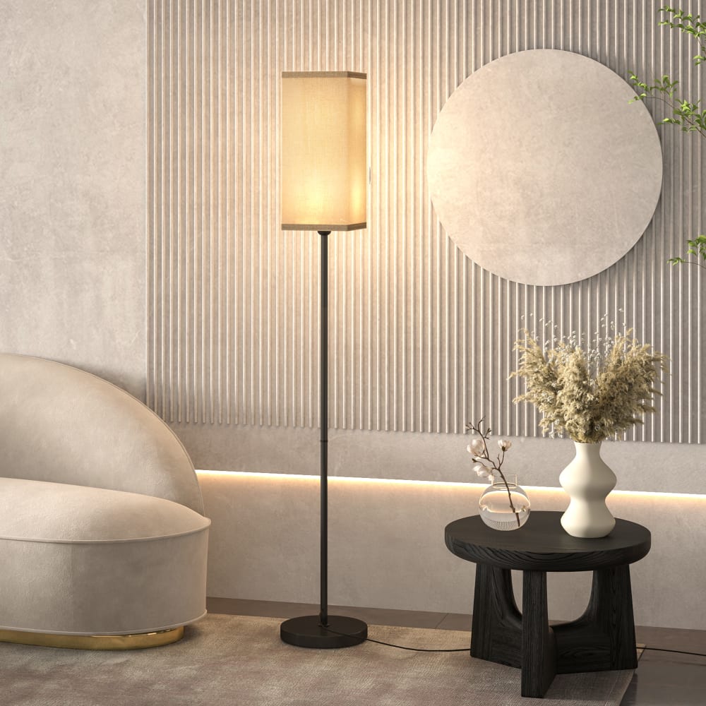 Lampadaire sur pied salon interrupteur à pied effet lin noir et beige — vue 4