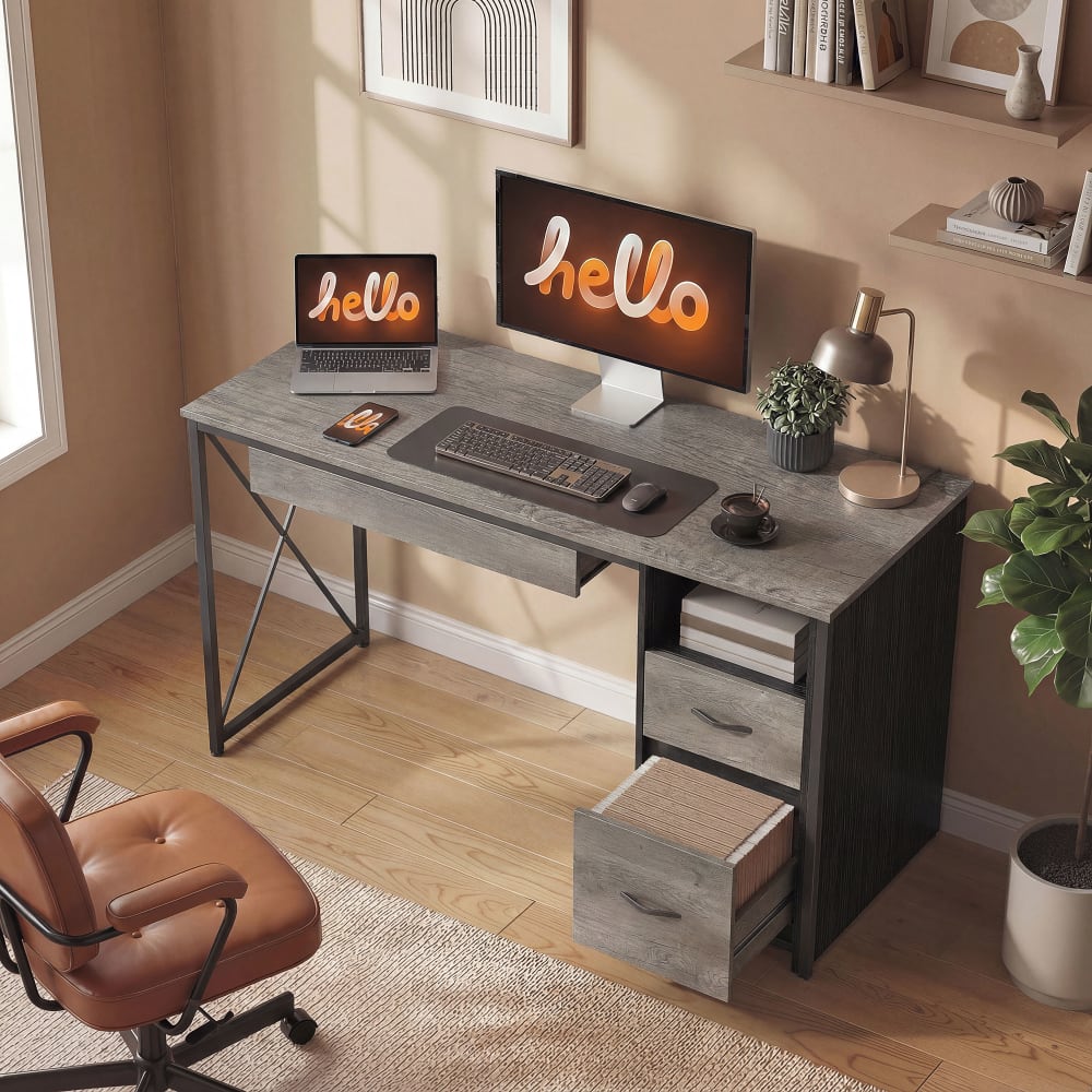 Bureau 120×50cm plateau clavier 2 tiroirs bois et acier gris