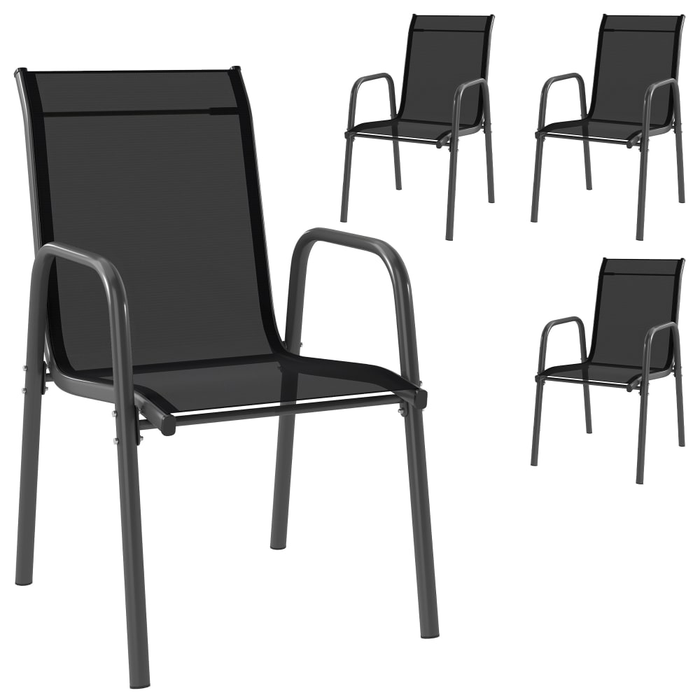 Lot de 4 Chaises de Jardin Extérieures Empilables Cadre en Métal Noir