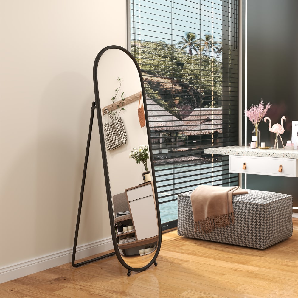 Ovaler Standspiegel, Metall, 40x160 cm, Schwarz - Maisons Du