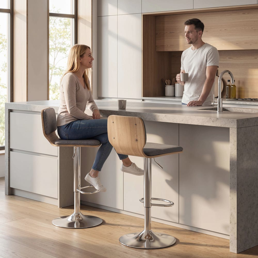 Lot de 2 tabourets de bar hauteur réglable métal tissu effet lin gris