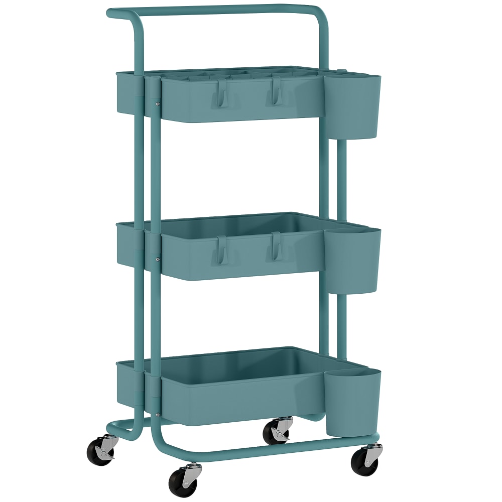 Chariot de rangement à roulettes 3 niveaux acier bleu-vert Chariot de rangement à roulettes 3 niveaux acier bleu-vert