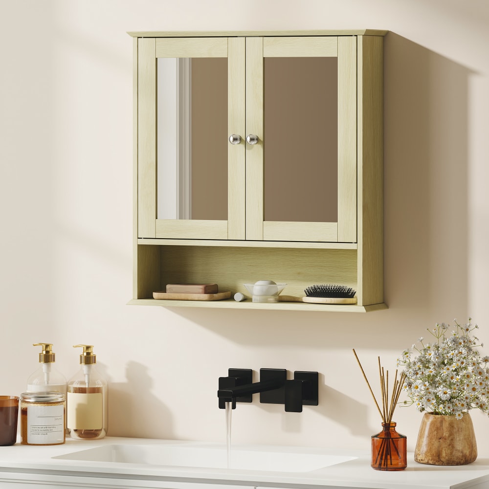 Badezimmerschrank mit Spiegel & Ablage, Holz, Natur - Maisons Du