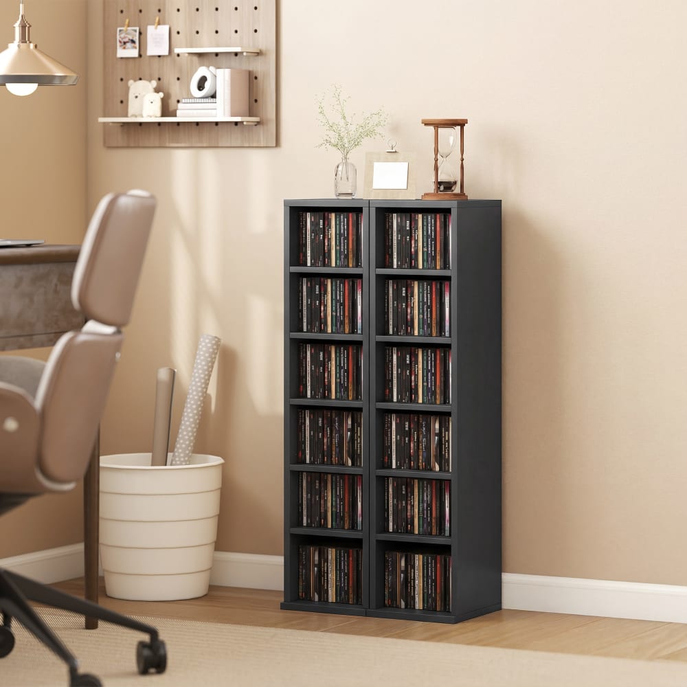 Homcom CD/DVD-Regal, 12 Fächer (6+6), Säulenform, Schwarz style modern Schwarz Spanplatte
