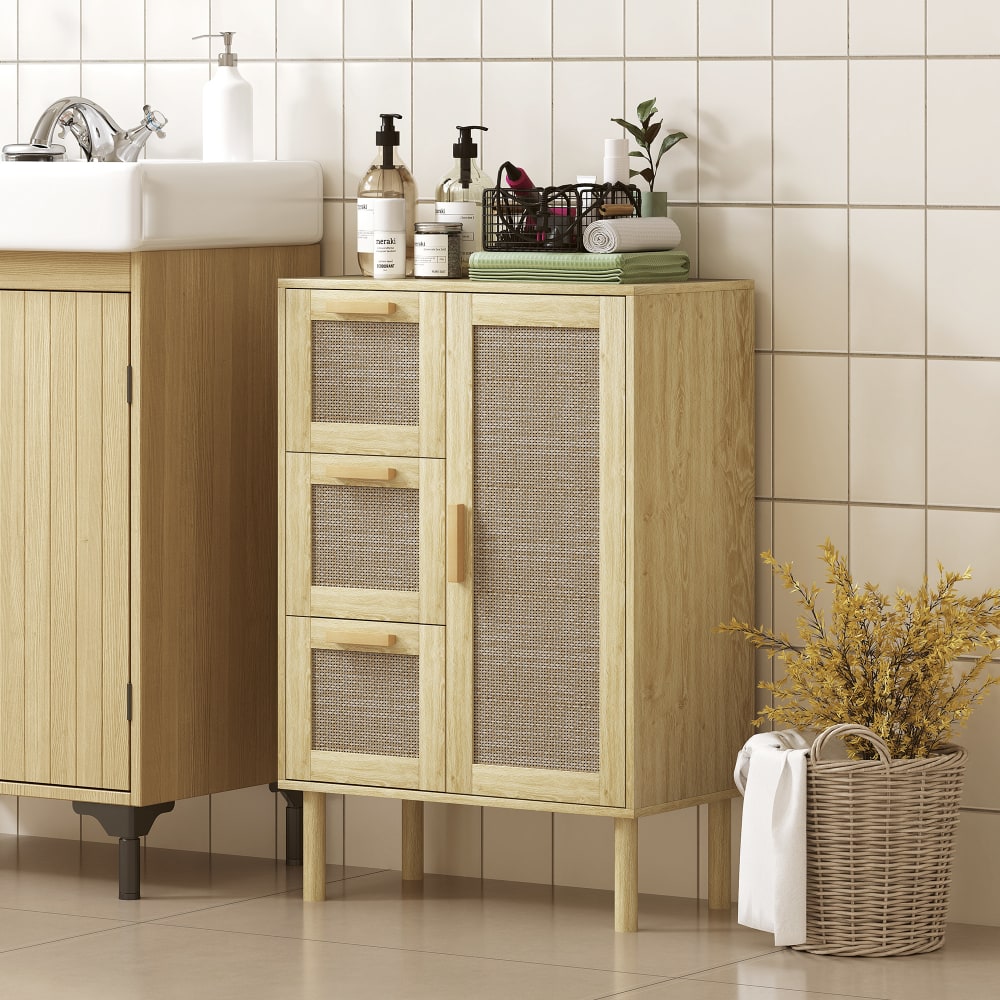 Armoire salle de bain porte rotin chêne chêne