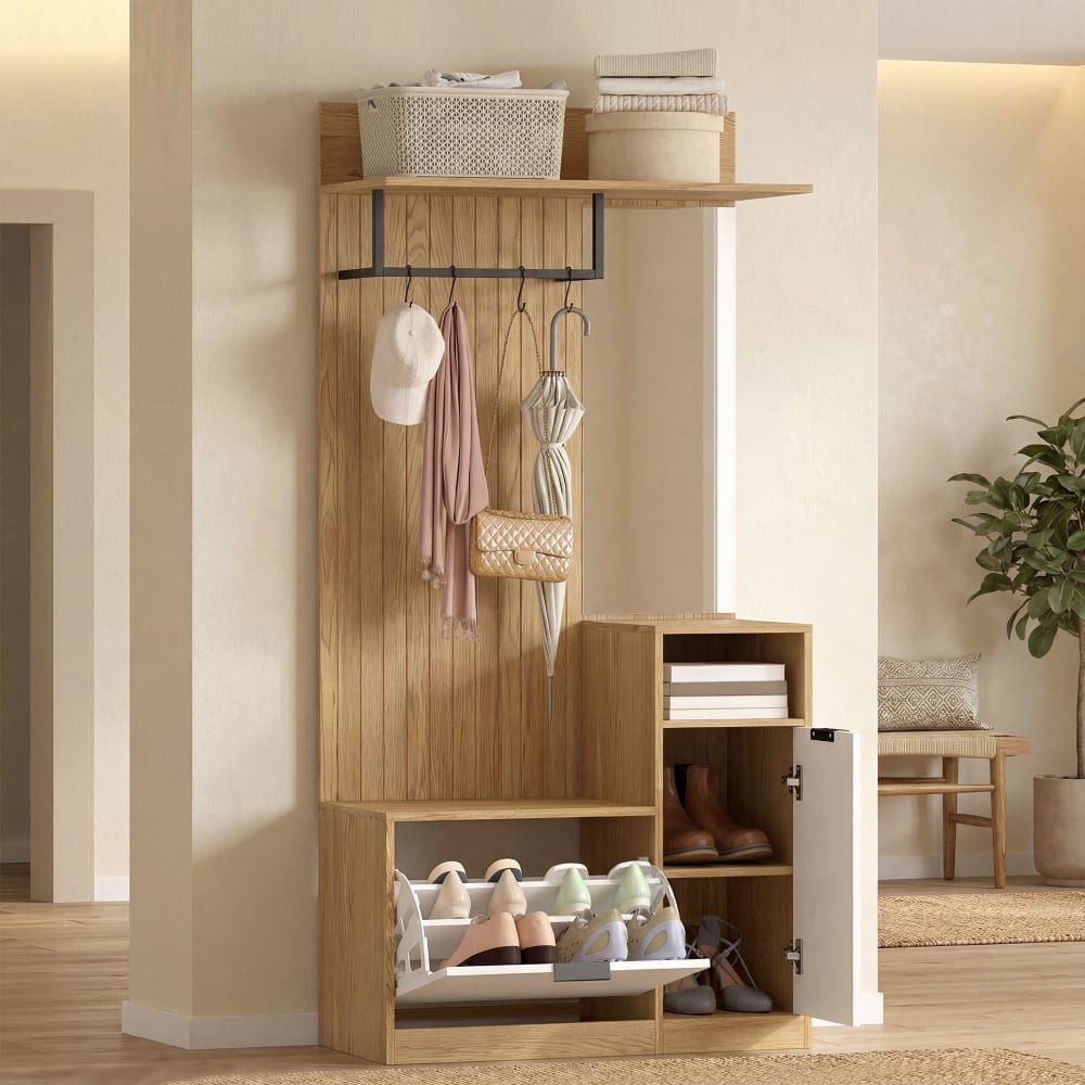 Meuble d'entrée 6 en 1 banc à chaussures rabattable miroir MDF chêne