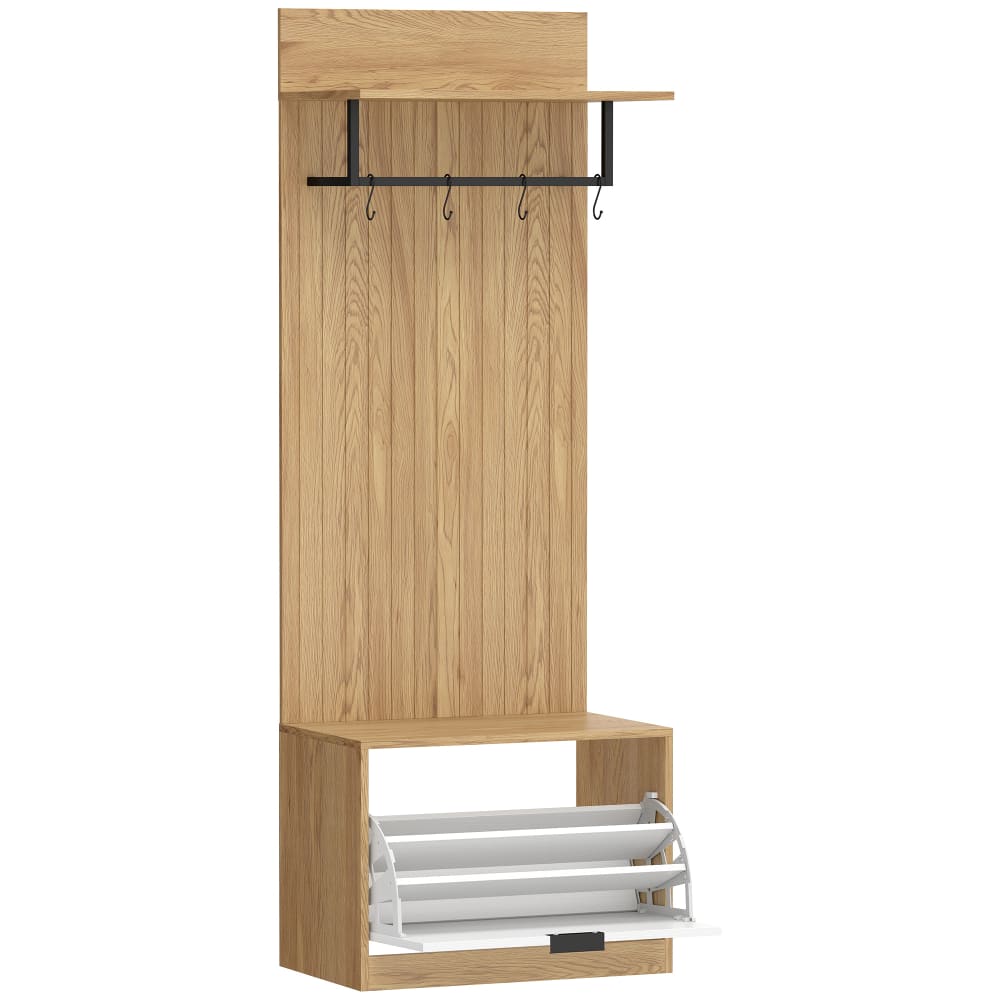 Vestiaire entrée 5 en 1 banc à chaussures rabattable mdf chêne blanc Vestiaire entrée 5 en 1 banc à chaussures rabattable mdf chêne blanc