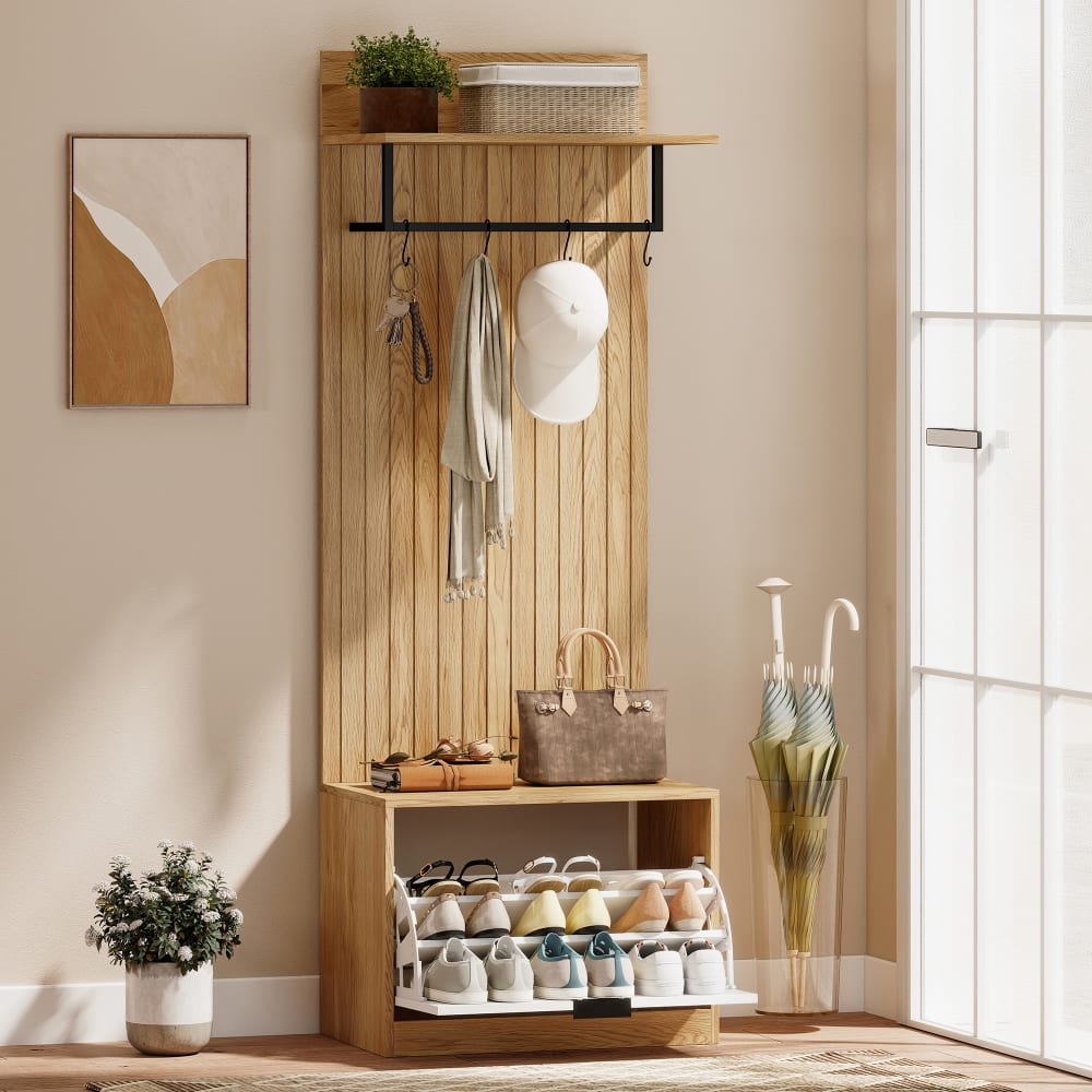 Vestiaire entrée 5 en 1 banc à chaussures rabattable MDF chêne blanc