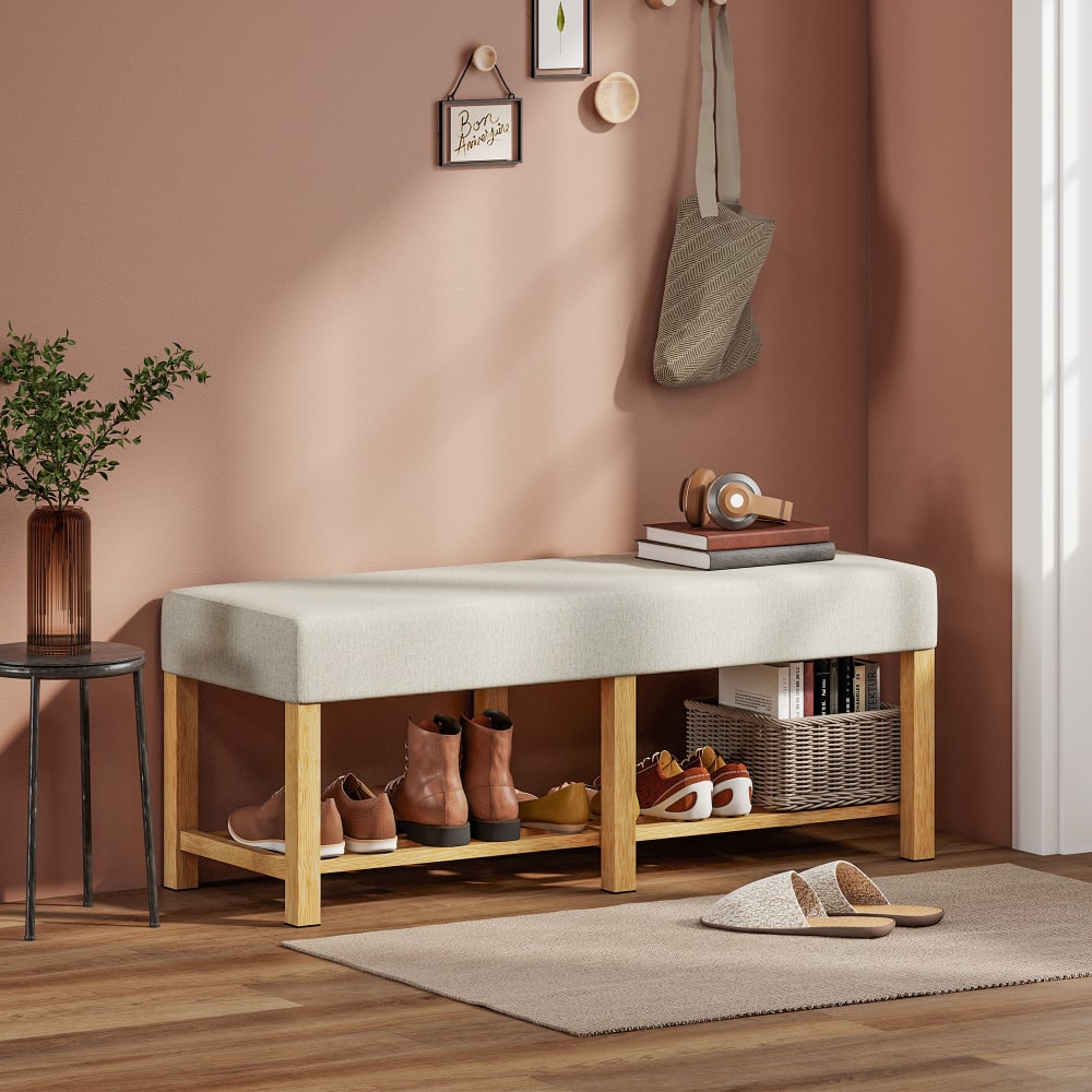 Banc à chaussures avec étagère ouverte bois d'hévéa naturel et beige
