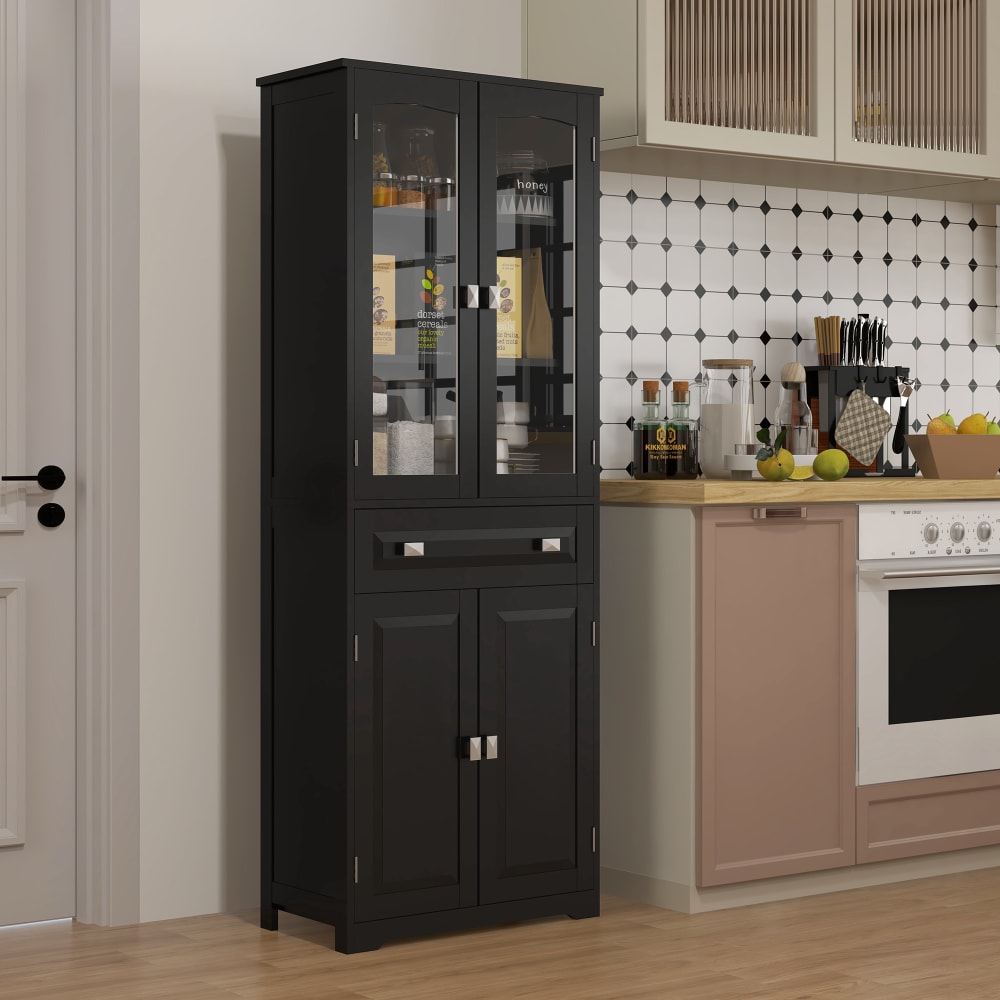 Highboard 4 Türen, Schublade, Sicherheitsglas, Schwarz - Maisons