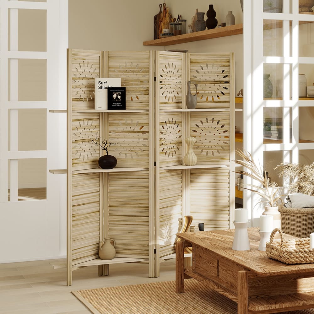 Paravent intérieur 4 panneaux et 3 étagères bois de paulownia naturel