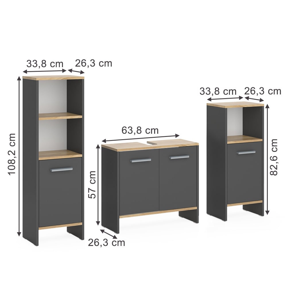 Badmöbel-Set 3-teilig Anthrazit/Goldkraft Eiche 65x57cm - Maisons