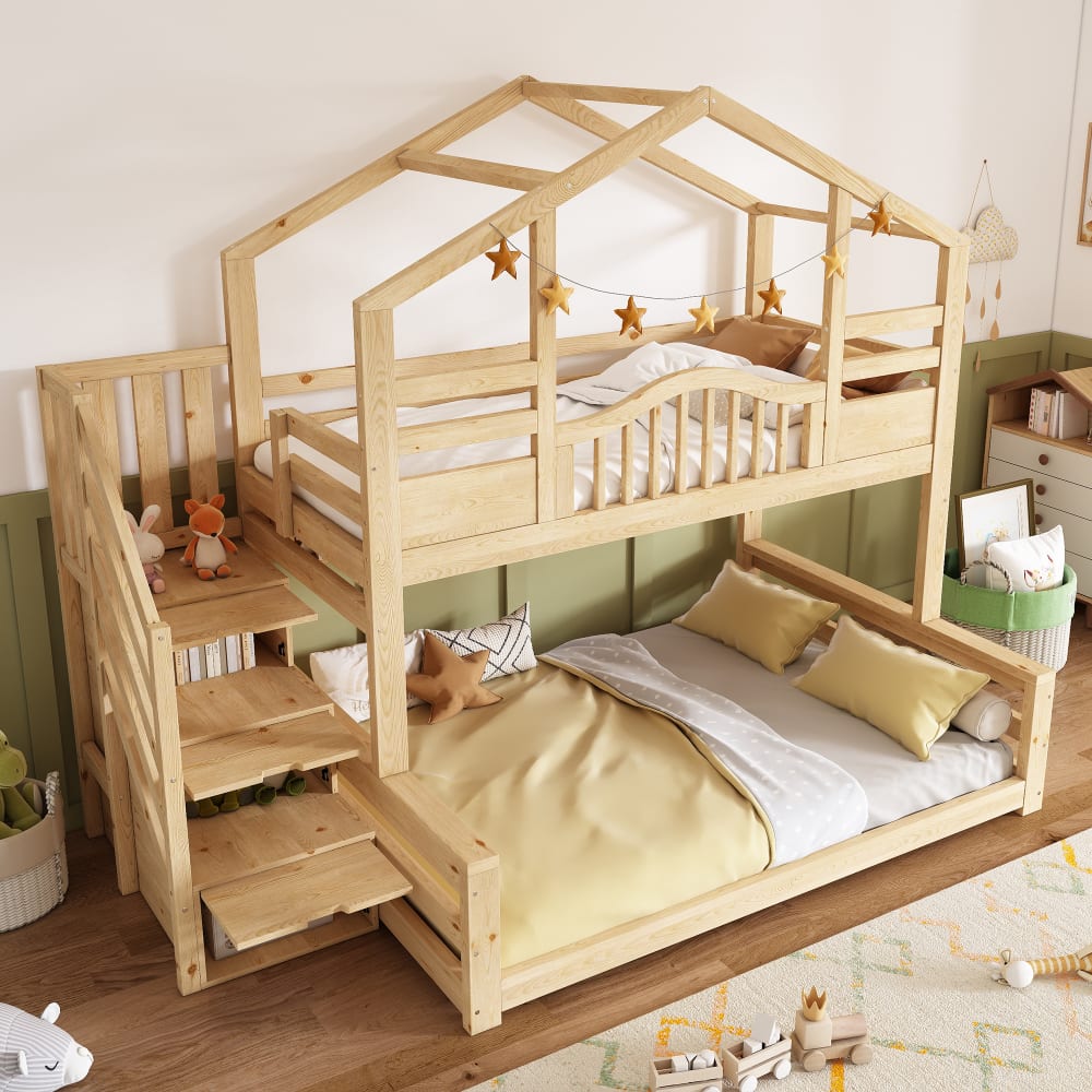 Etagenbett aus Kiefer mit Treppenschrank und Regalen 90x200 cm,