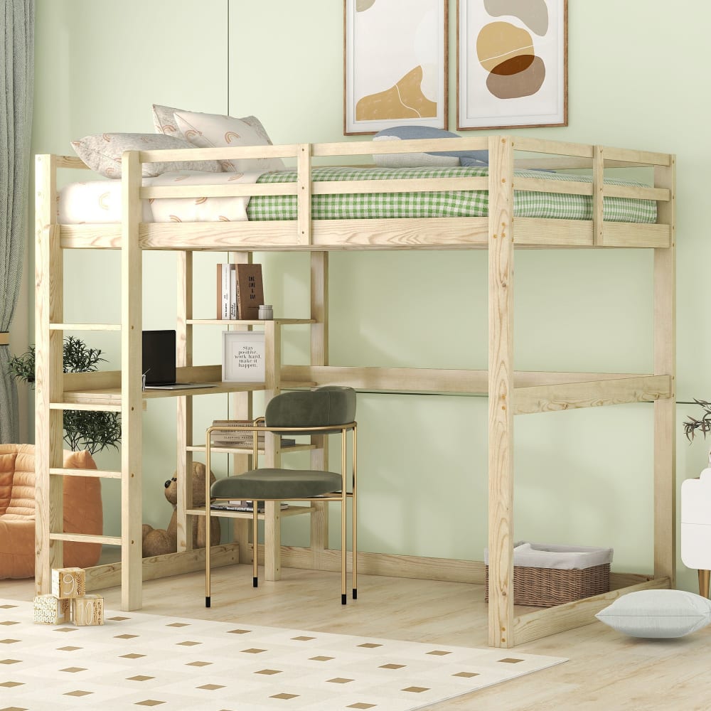 Hochbett 140x200 cm aus Kiefer mit Schreibtisch und Stauraum,