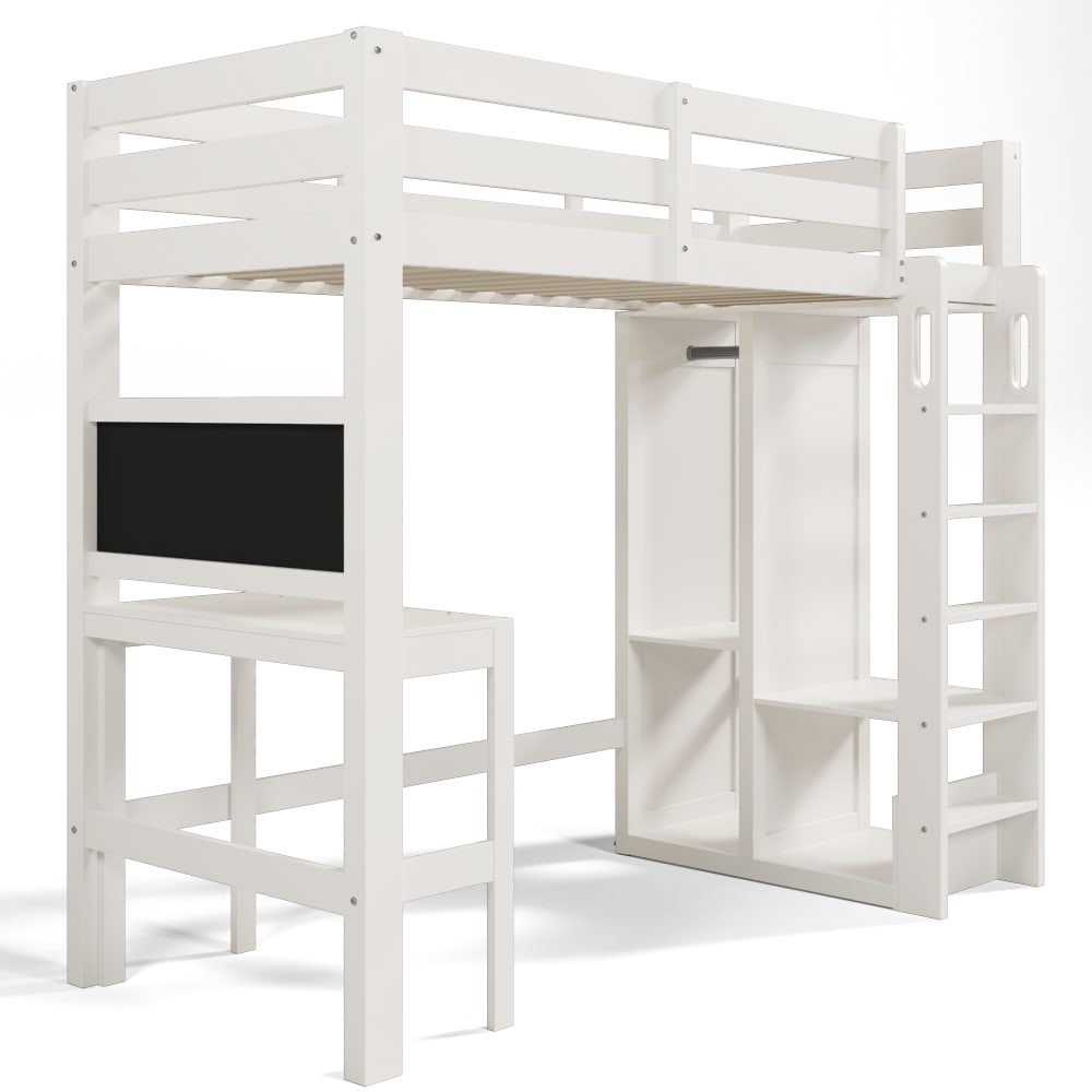 OKWISH Hochbett aus Kiefer mit Schreibtisch und Stauraum 90x200 cm, weiß Holz Baby