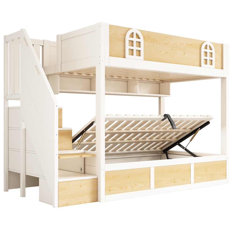 Lit superposé en bois blanc et beige avec rangements 90 x 200 cm