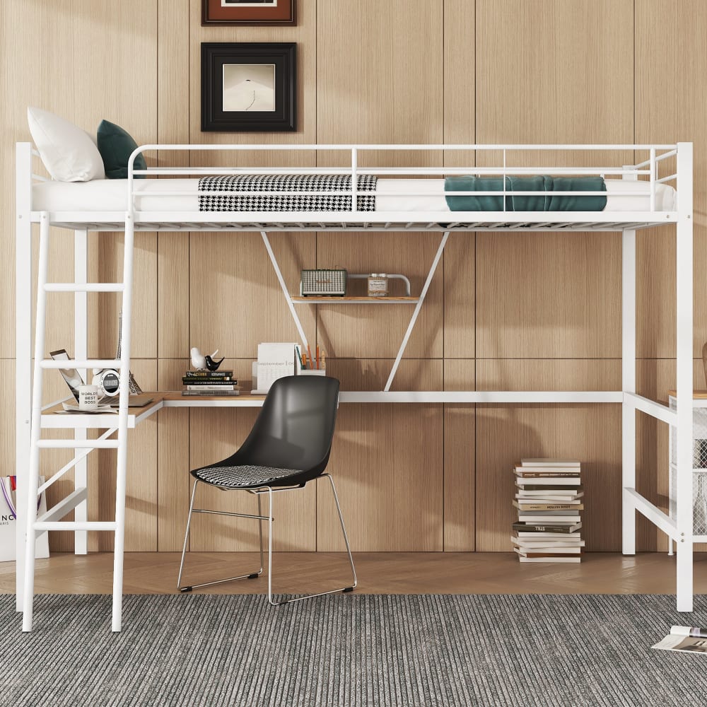 Hochbett aus Metall mit Schreibtisch und Regal 90x200 cm, weiß -